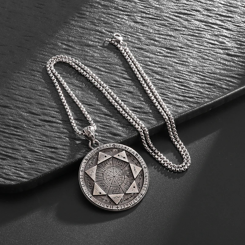 1pcRetro Seven Angels Magic Circle Solomon\'s Seal Necklace Pendant Personalized Men\'s Punk Lucky Amulet Jewelry