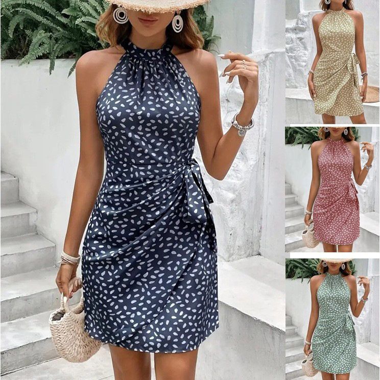 1pcSolid Colored Polka Dot Mini Dresses Women's Camisole Sleeveless Lace Up Dress Summer Vacation Party Dress Robe