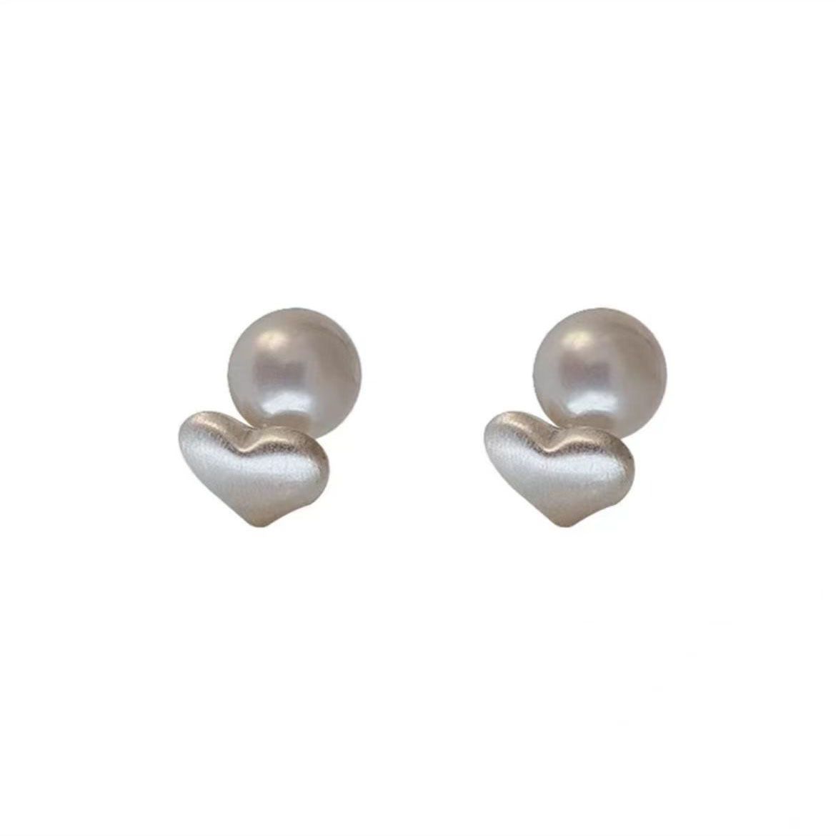 1 pair of brushed metal pearl brushed heart-shaped earrings silver needle earrings