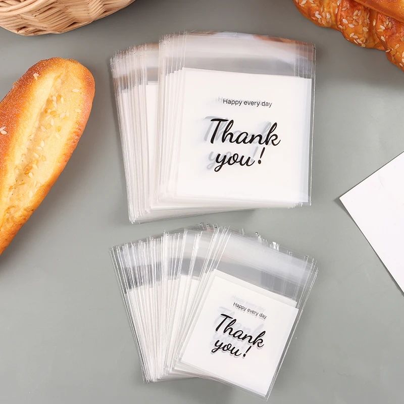 100Pcs Plastic Bag Thank you Cookie Bag Self-Adhesive Candy Bag For Wedding Birthday Party Gift Bag Biscuit Baking Packaging Bag E-821