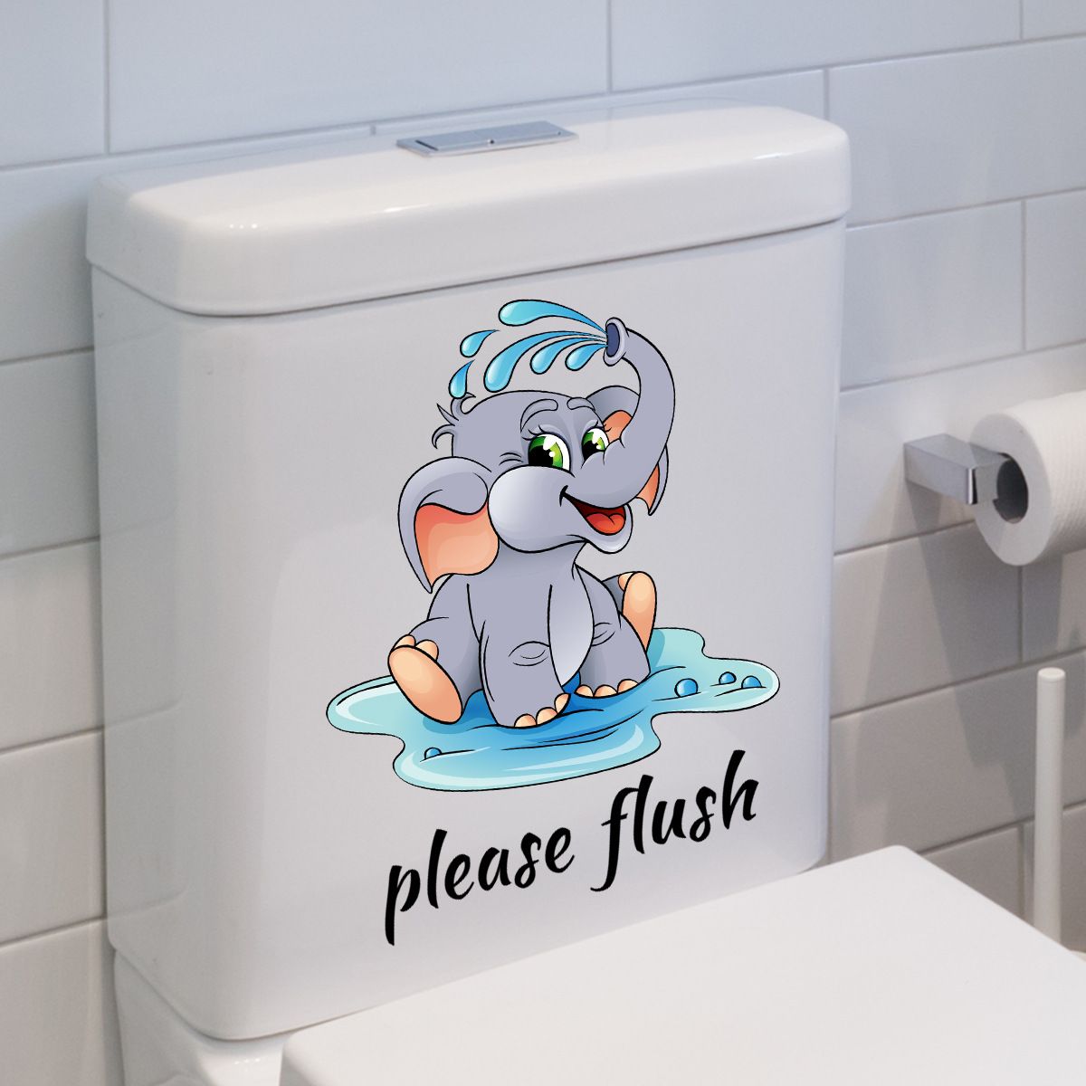 Cartoon cute little elephant English please rinse toilet stickers bathroom decoration self-adhesive detachable wall stickers