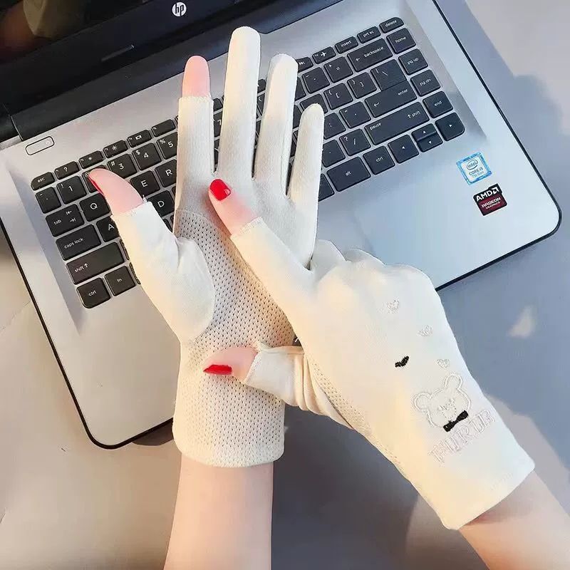 Cute Sun-proof Mesh Summer Anti-UV Bear Drive Mitten Sunscreen Mittens Five Fingers Mitts Thin Gloves