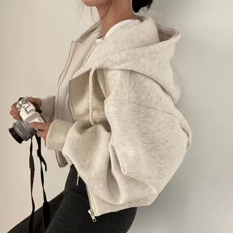 2025 Spring Autumn New Insfleece-lined Versatile Cropped Slims Smooths Silhouette Zip-up Warm Navy Blue Hooded Sweatshirt Women