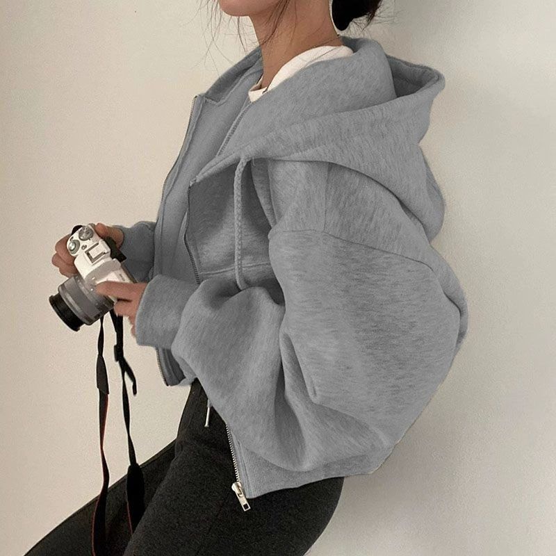 2025 Spring Autumn New Insfleece-lined Versatile Cropped Slims Smooths Silhouette Zip-up Warm Navy Blue Hooded Sweatshirt Women