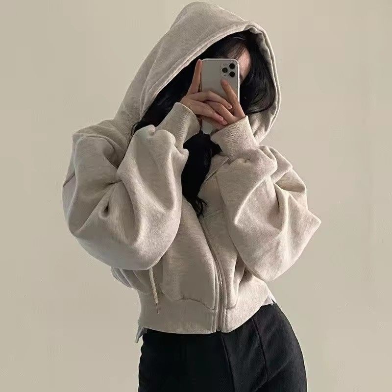 2025 Spring Autumn New Insfleece-lined Versatile Cropped Slims Smooths Silhouette Zip-up Warm Navy Blue Hooded Sweatshirt Women
