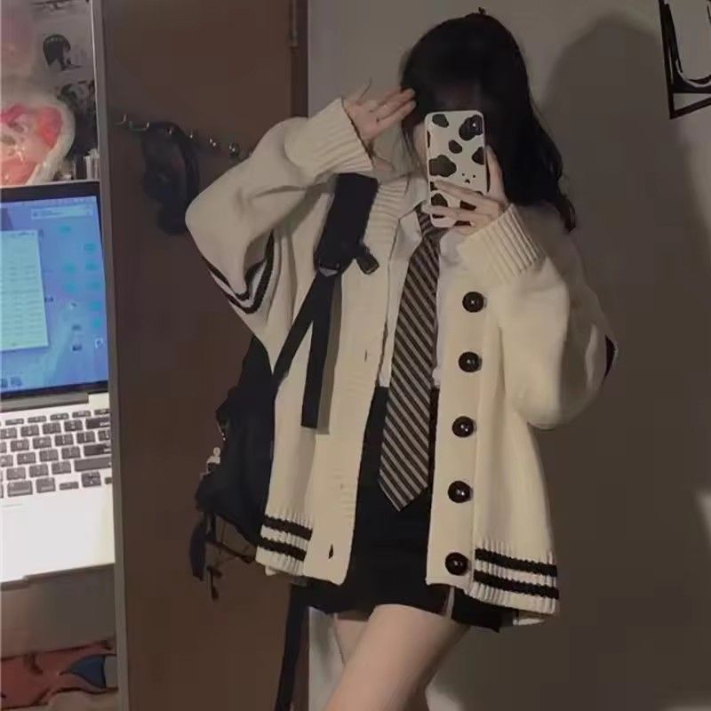 Striped Loose Cardigan Women Y2K Vintage 2025 Autumn Winter Single Breasted Sweater Streetwear Casual Korean Female Knitted Coat