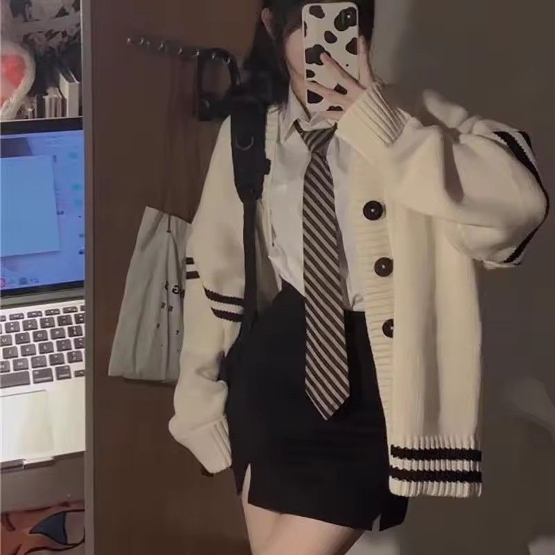 Striped Loose Cardigan Women Y2K Vintage 2025 Autumn Winter Single Breasted Sweater Streetwear Casual Korean Female Knitted Coat