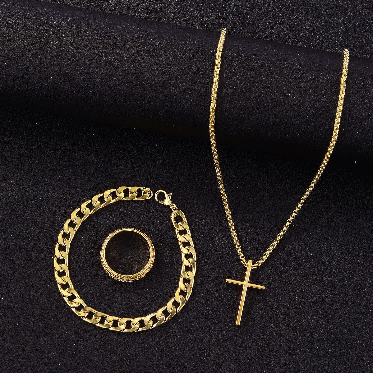 Men's fashion versatile stainless steel jewelry set, black cross pendant necklace bracelet and Roman numeral chain swivel ringA-2030