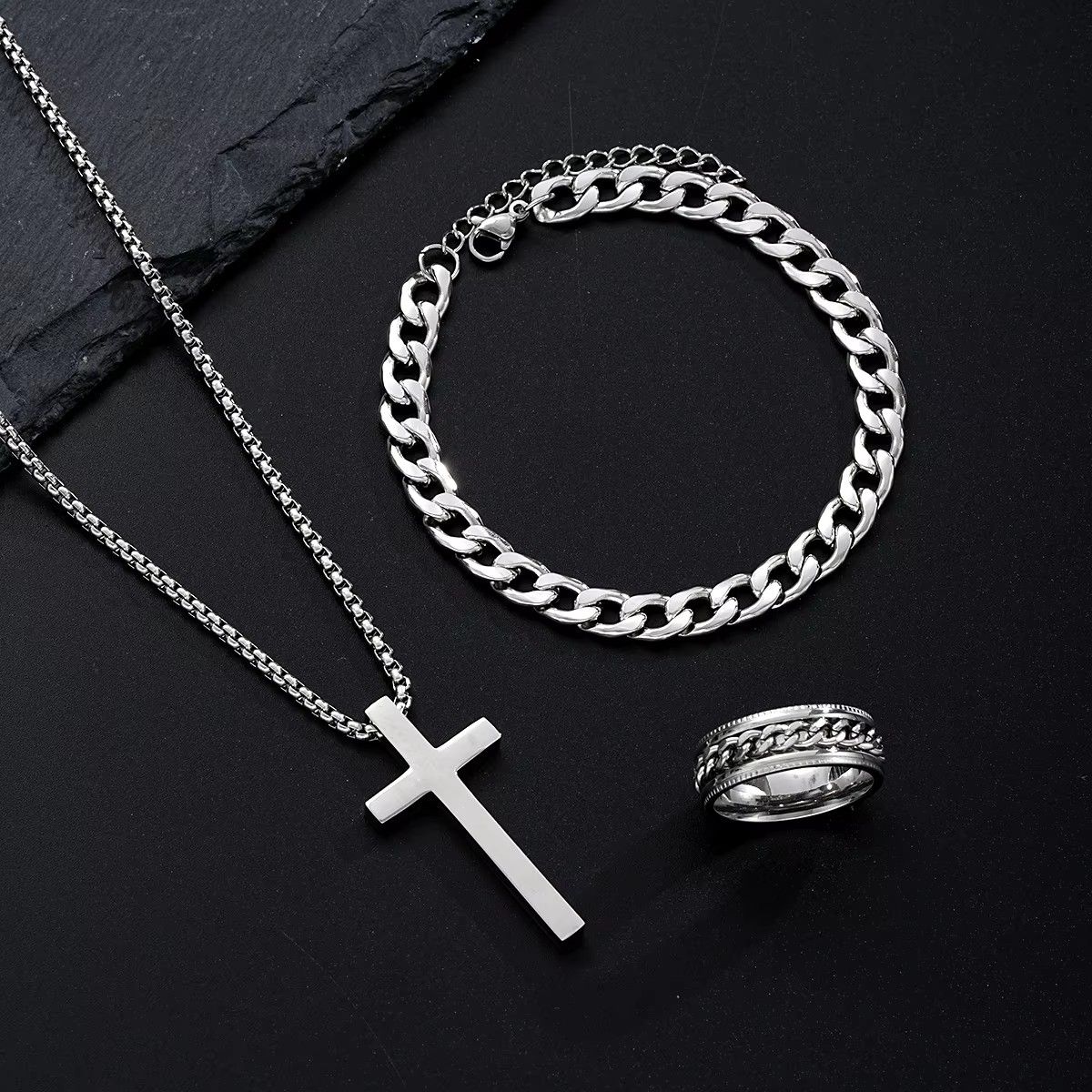 Men's fashion versatile stainless steel jewelry set, black cross pendant necklace bracelet and Roman numeral chain swivel ringA-2030