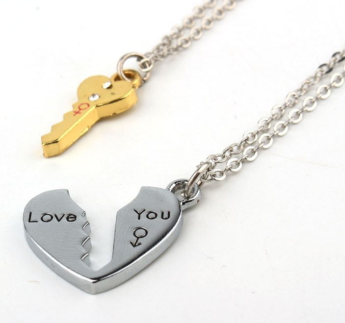 Korean creative heart-shaped key lock mosaic Pendant Necklace, clavicle chain, Lovers NecklaceA-1148