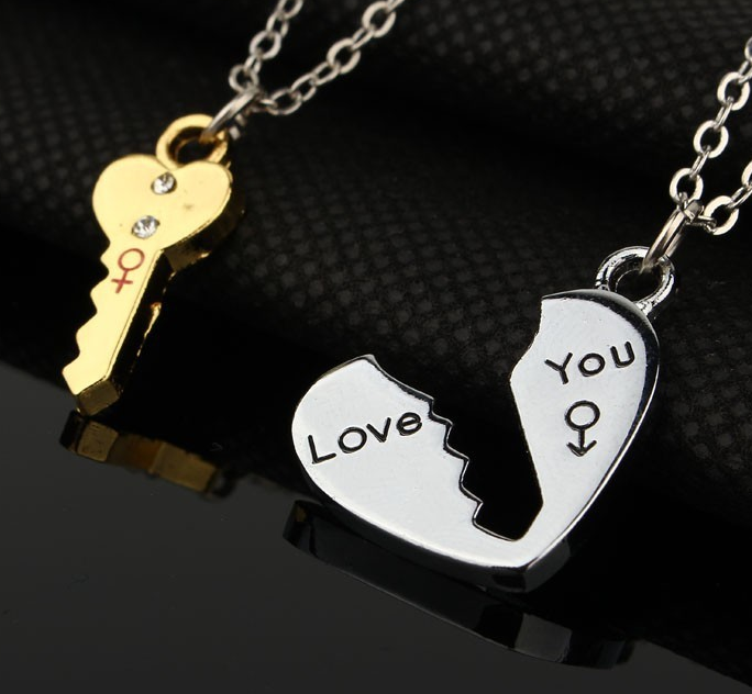 Korean creative heart-shaped key lock mosaic Pendant Necklace, clavicle chain, Lovers NecklaceA-1148