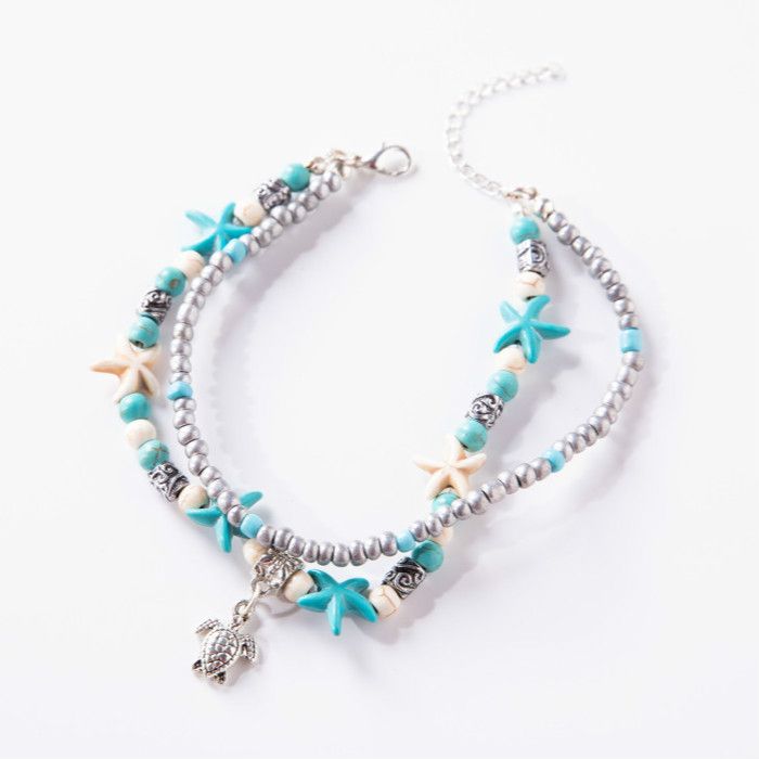 Rice Bead Yoga Anklet Turtle Bracelet Beach Pendant Starfish Pearl Retro Turtle Anklet  A-717