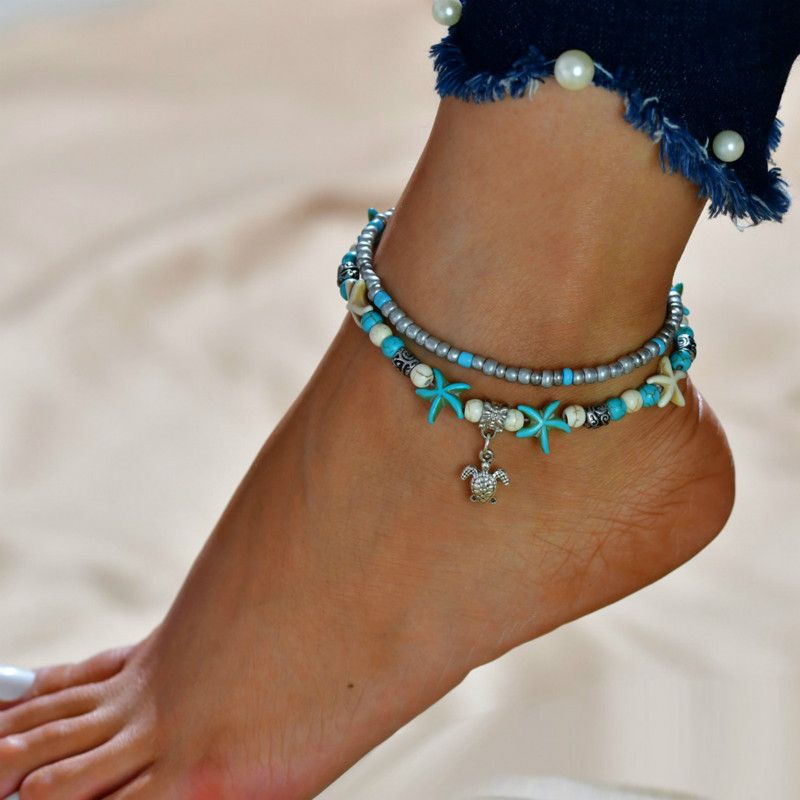 Rice Bead Yoga Anklet Turtle Bracelet Beach Pendant Starfish Pearl Retro Turtle Anklet  A-717