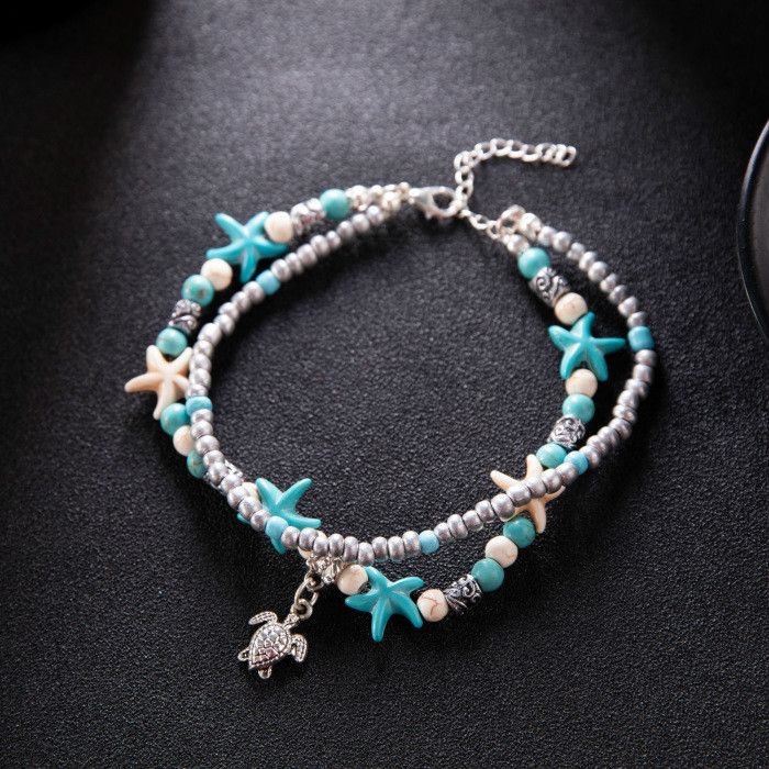 Rice Bead Yoga Anklet Turtle Bracelet Beach Pendant Starfish Pearl Retro Turtle Anklet  A-717