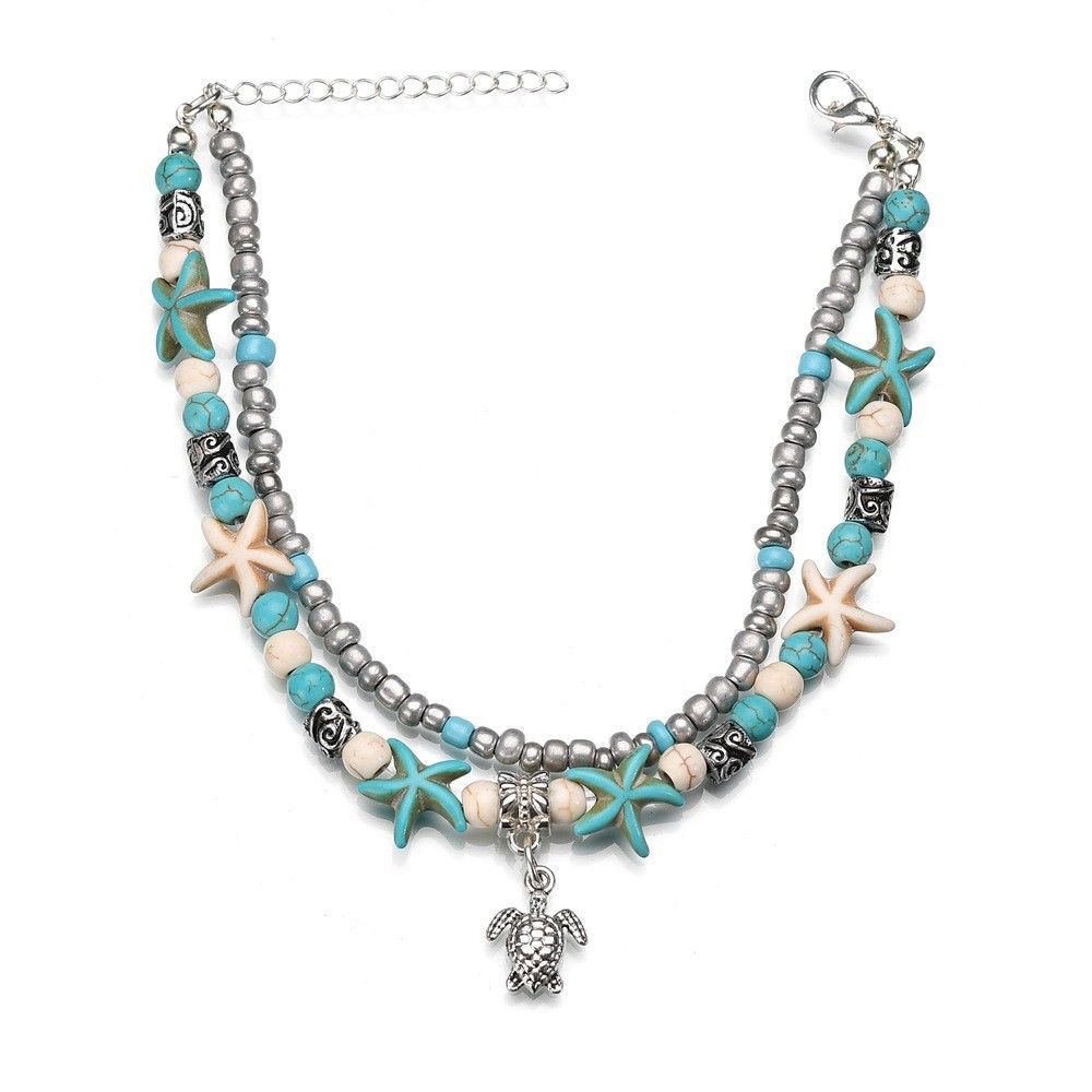 Rice Bead Yoga Anklet Turtle Bracelet Beach Pendant Starfish Pearl Retro Turtle Anklet  A-717