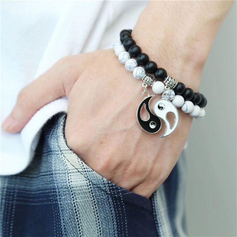 2pc Pendant Stone Beads Couple Bracelets For Women Mens Magnet Attraction Paired Bracelets Charming Lover Strand Bead Bangle A-1967
