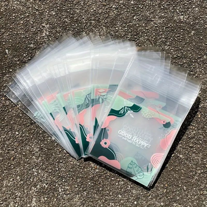 100pcs Thickened Frosted Fern Leaf Printed Gift Bags, Green Leaf Pink Flower Pattern Blessed Words Small Gifts Self-sealing Bag