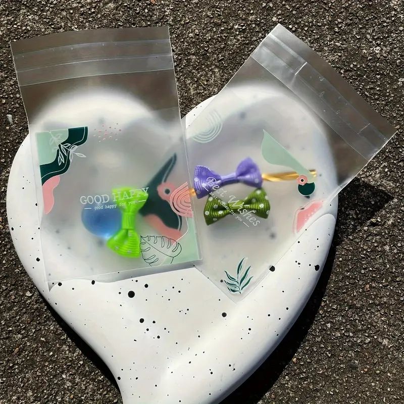 100pcs Thickened Frosted Fern Leaf Printed Gift Bags, Green Leaf Pink Flower Pattern Blessed Words Small Gifts Self-sealing Bag