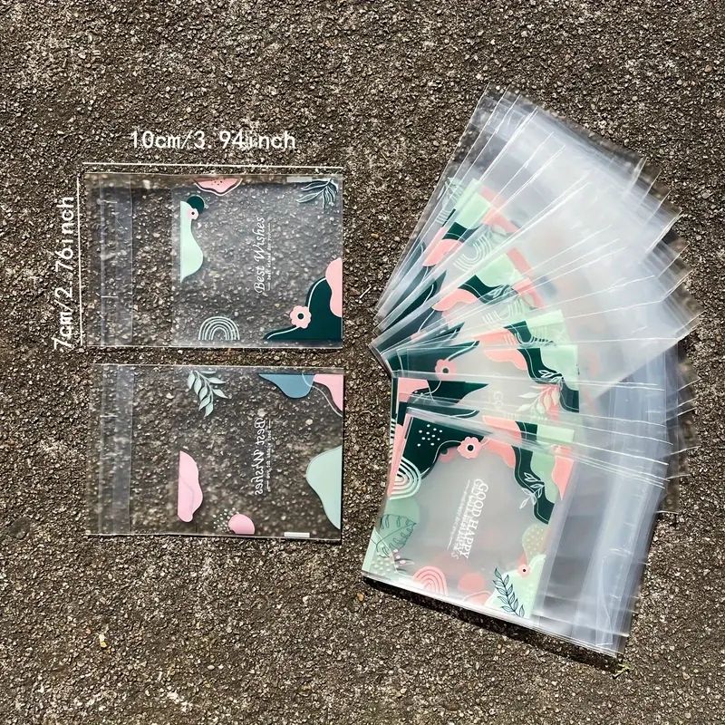 100pcs Thickened Frosted Fern Leaf Printed Gift Bags, Green Leaf Pink Flower Pattern Blessed Words Small Gifts Self-sealing Bag