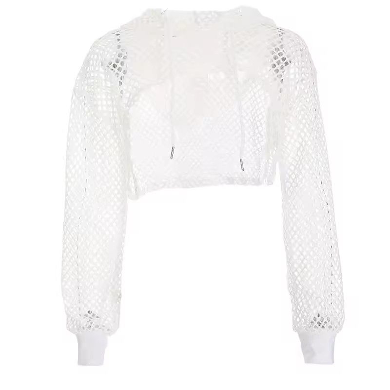 CIBBAR street style T-shirt with transparent hollowed out hooded long sleeved crop top, women's casual loose shirt for summer