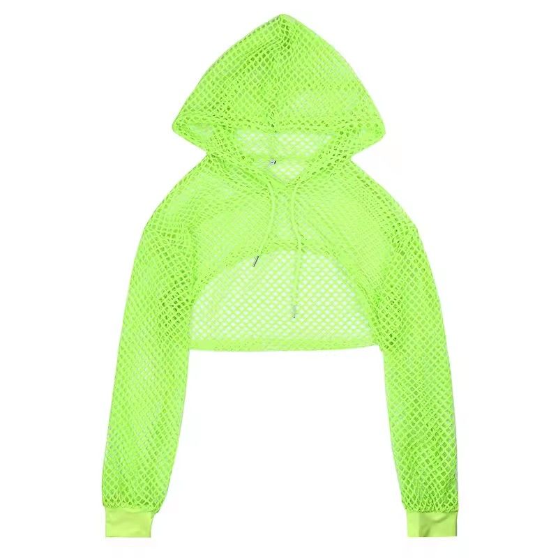 CIBBAR street style T-shirt with transparent hollowed out hooded long sleeved crop top, women's casual loose shirt for summer