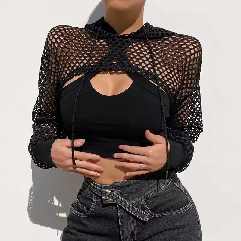 CIBBAR street style T-shirt with transparent hollowed out hooded long sleeved crop top, women's casual loose shirt for summer