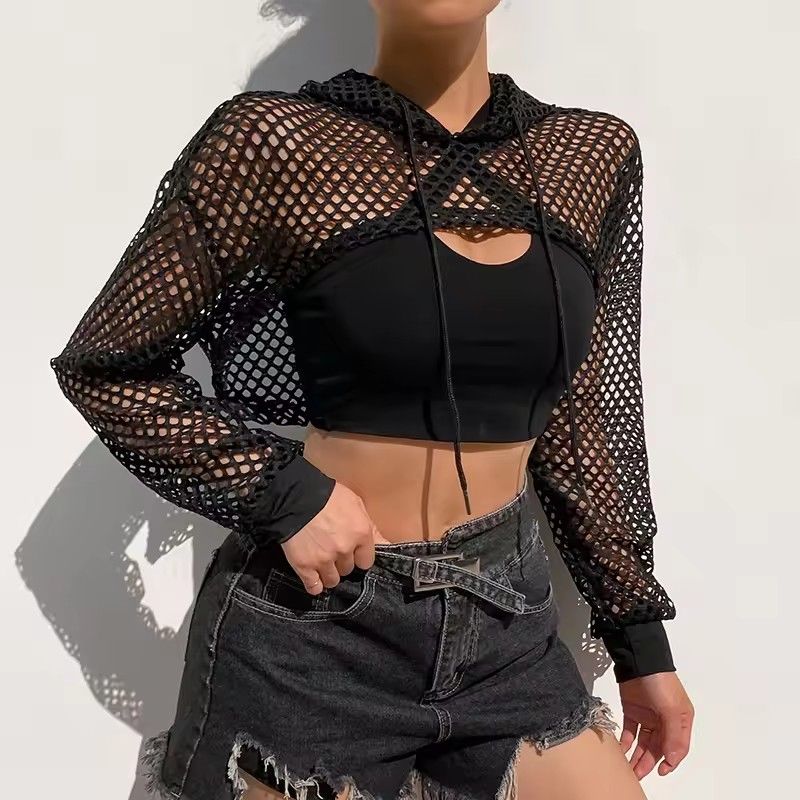 CIBBAR street style T-shirt with transparent hollowed out hooded long sleeved crop top, women's casual loose shirt for summer