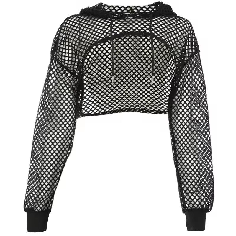 CIBBAR street style T-shirt with transparent hollowed out hooded long sleeved crop top, women's casual loose shirt for summer