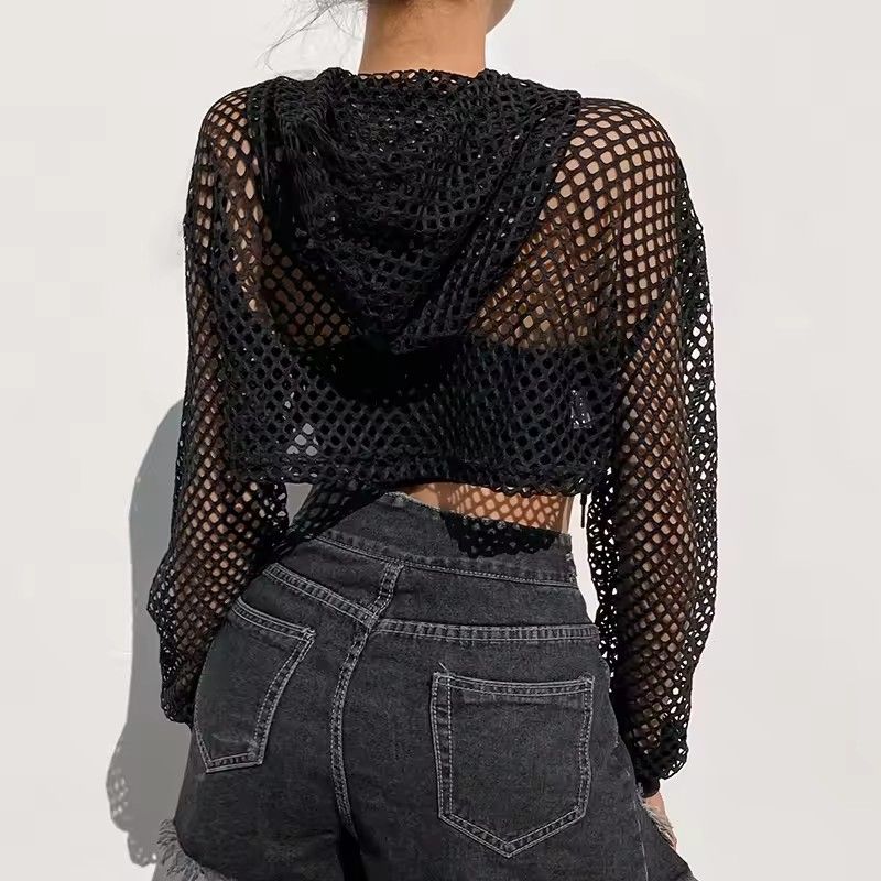 CIBBAR street style T-shirt with transparent hollowed out hooded long sleeved crop top, women's casual loose shirt for summer