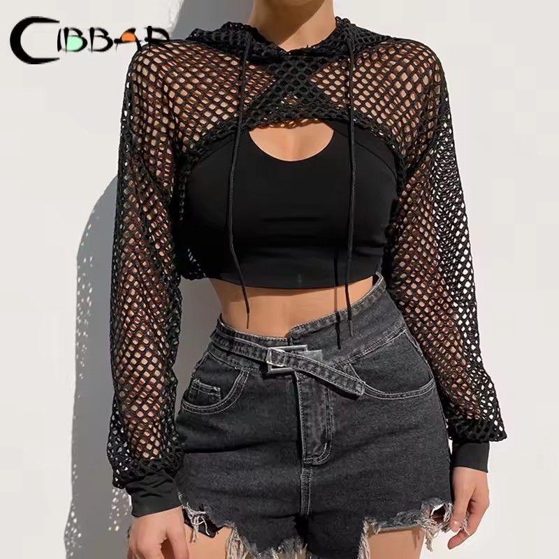 CIBBAR street style T-shirt with transparent hollowed out hooded long sleeved crop top, women's casual loose shirt for summer