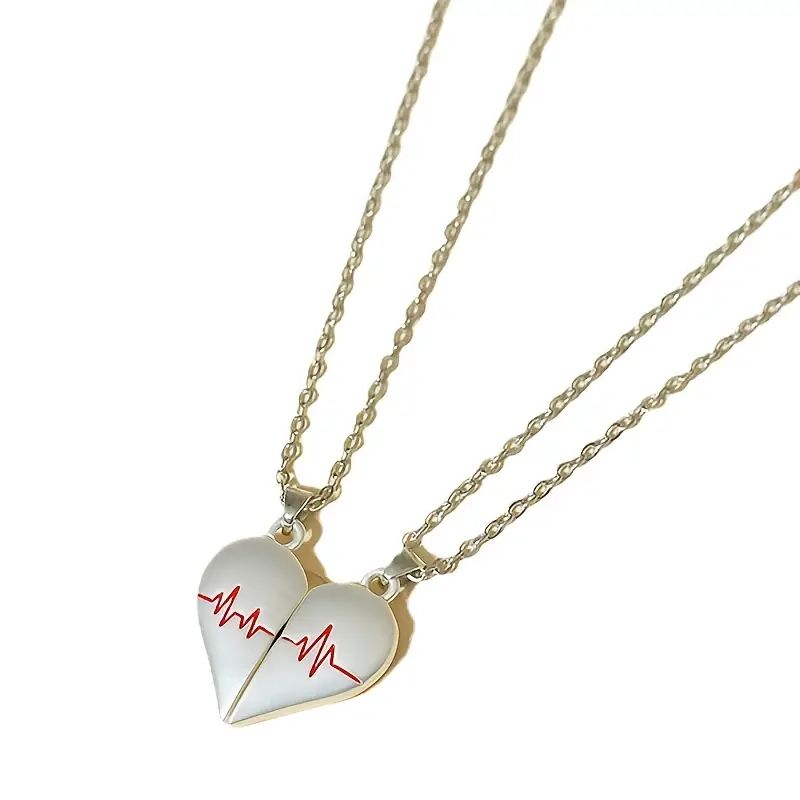 1pair Heart Electrocardiogram Couple Magnetic Suction Pendant Necklace Clavicle Chain Pair Heart Electrocardiogram Necklace A-1852