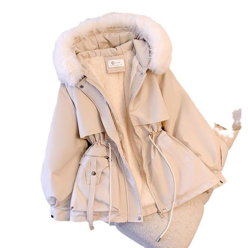 Fleece Lined Hood Down Jacket Winter Coat for Women Warm Drawstring Padded Parkas Korean Casual Streetwear Female Puffer Outwear