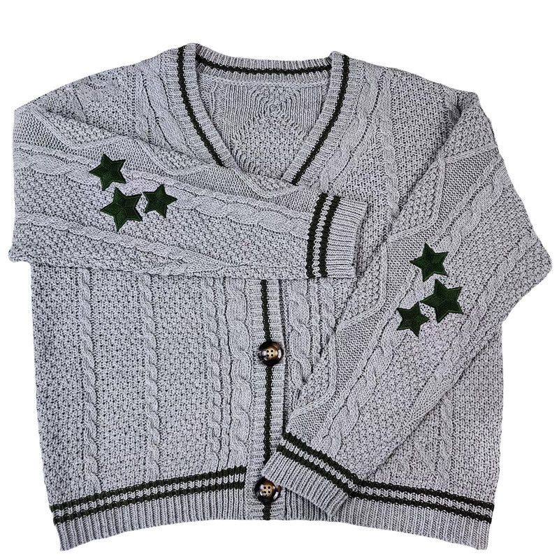 Women Winter Loose Knitted Cardigans Coat Star Embroidery Y2K Sweaters Streetwear Vintage Casual Single Breasted Long Sleeve Top