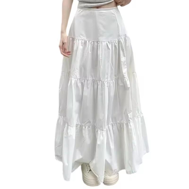 Long A- Line White Mini Skirt Women's Spring Summer New Style Fairy Artistic Sense Skirts Polyester Fiber Gathered Pure Color