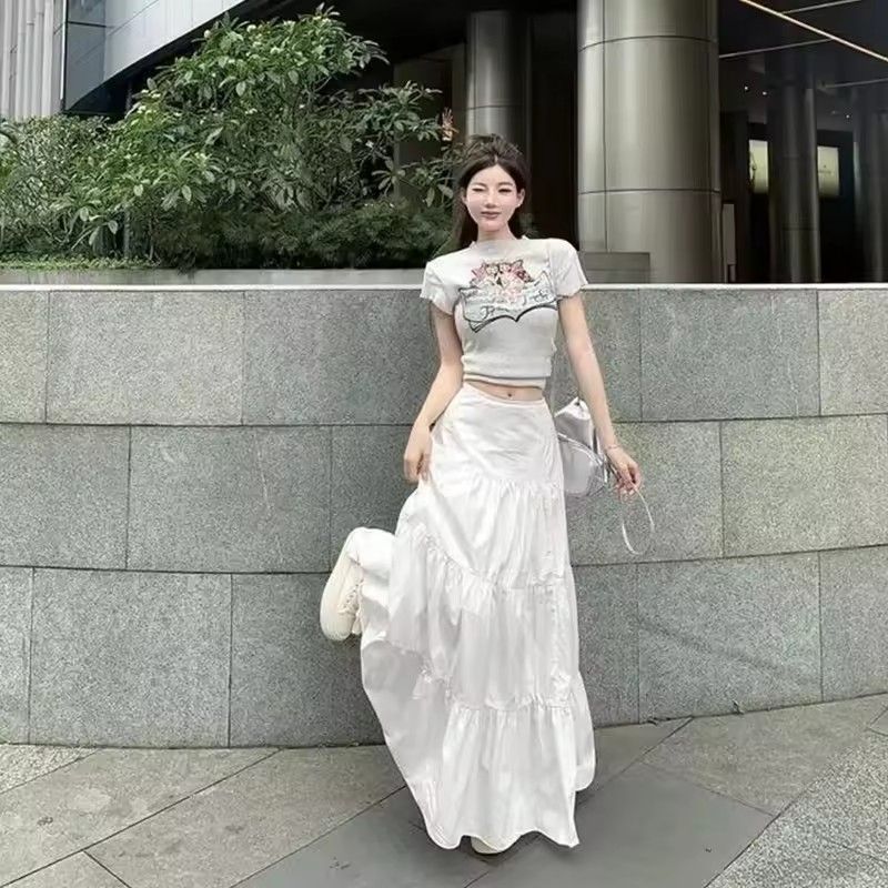 Long A- Line White Mini Skirt Women's Spring Summer New Style Fairy Artistic Sense Skirts Polyester Fiber Gathered Pure Color