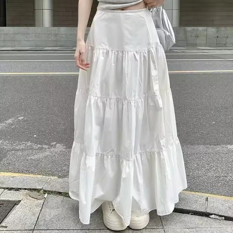 Long A- Line White Mini Skirt Women's Spring Summer New Style Fairy Artistic Sense Skirts Polyester Fiber Gathered Pure Color