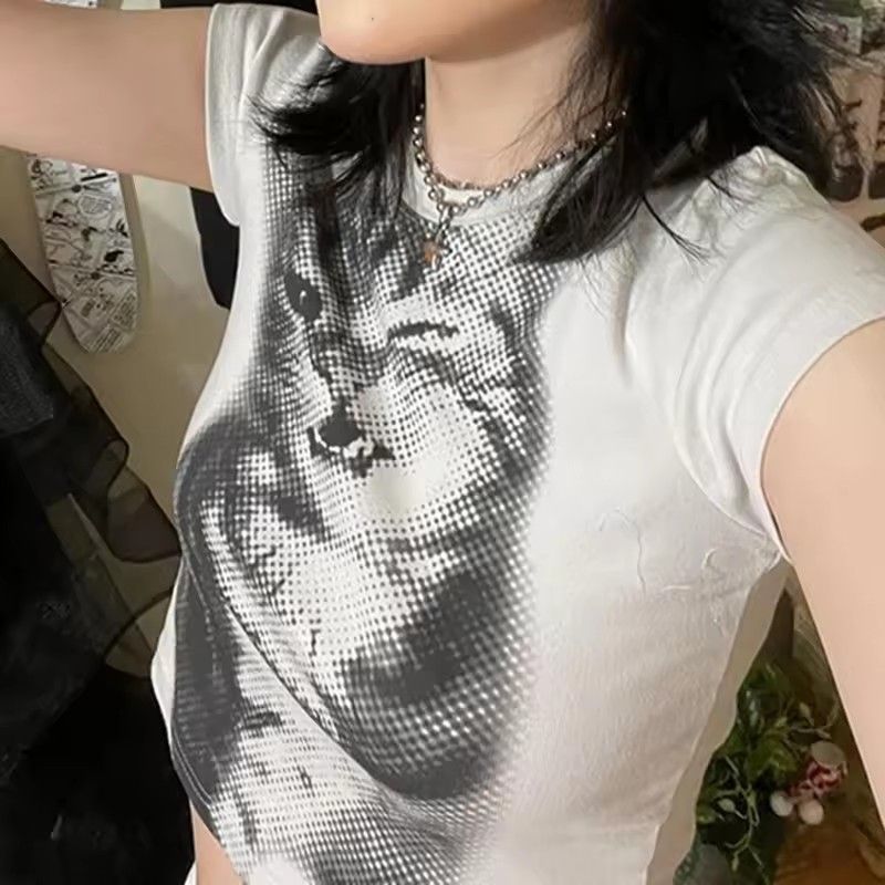 CIBBAR Harajuku Animal Print Crop Top Basic White Short Sleeve Crewneck T-shirt Women Casual Slim-fitting Tees Lady y2k Vintage