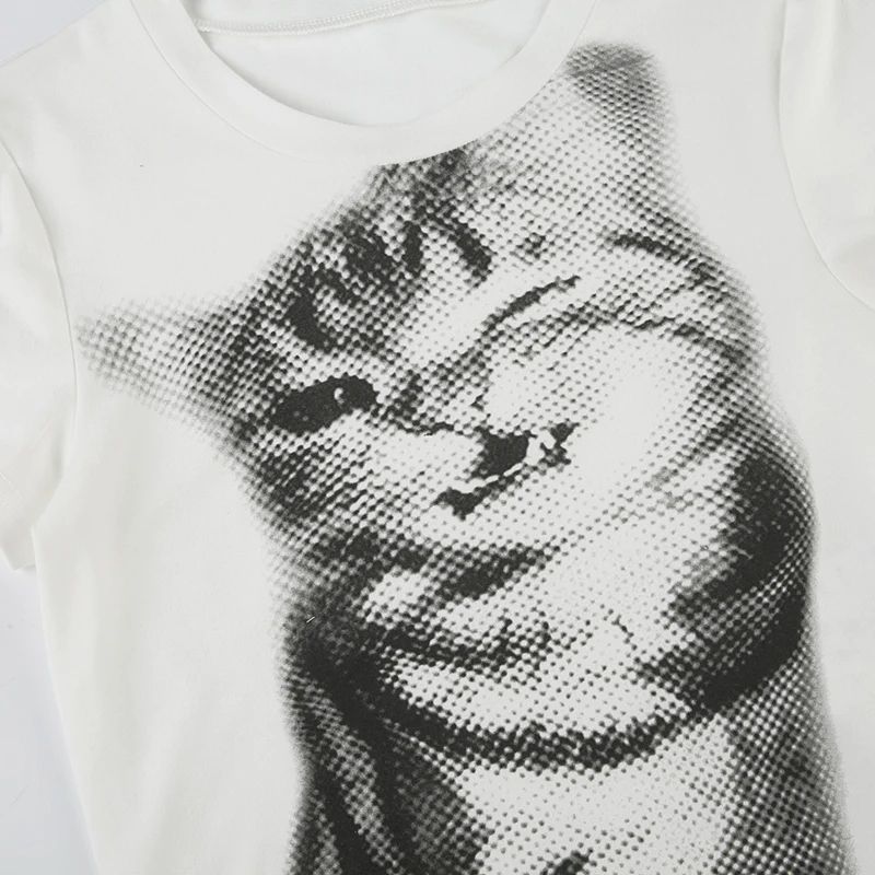 CIBBAR Harajuku Animal Print Crop Top Basic White Short Sleeve Crewneck T-shirt Women Casual Slim-fitting Tees Lady y2k Vintage