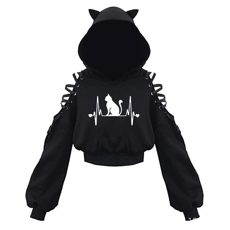 Y2k Gothic Womens Hoodie Cat Ear Crop Top Hooded Sweatshirt Hollow Out Lace Up Long Sleeve Hodded Casual Pullover Autumn