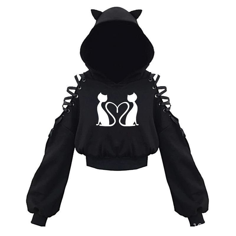 Y2k Gothic Womens Hoodie Cat Ear Crop Top Hooded Sweatshirt Hollow Out Lace Up Long Sleeve Hodded Casual Pullover Autumn