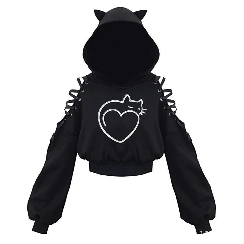 Y2k Gothic Womens Hoodie Cat Ear Crop Top Hooded Sweatshirt Hollow Out Lace Up Long Sleeve Hodded Casual Pullover Autumn