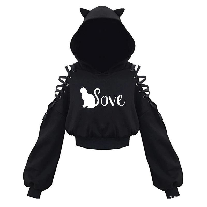 Y2k Gothic Womens Hoodie Cat Ear Crop Top Hooded Sweatshirt Hollow Out Lace Up Long Sleeve Hodded Casual Pullover Autumn