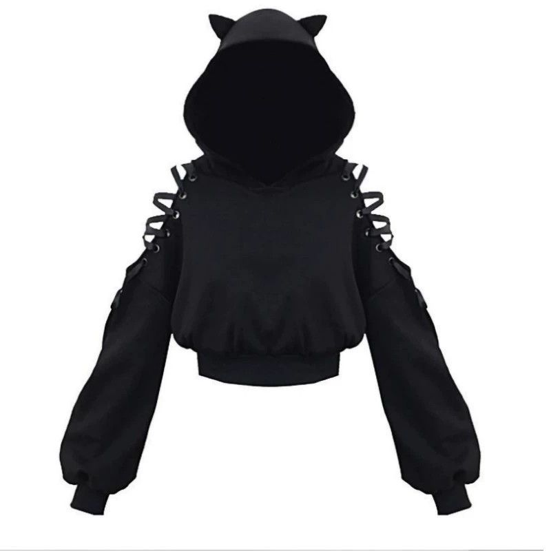 Y2k Gothic Womens Hoodie Cat Ear Crop Top Hooded Sweatshirt Hollow Out Lace Up Long Sleeve Hodded Casual Pullover Autumn