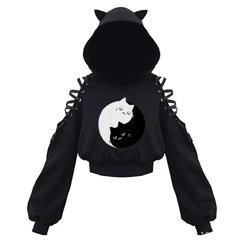 Y2k Gothic Womens Hoodie Cat Ear Crop Top Hooded Sweatshirt Hollow Out Lace Up Long Sleeve Hodded Casual Pullover Autumn