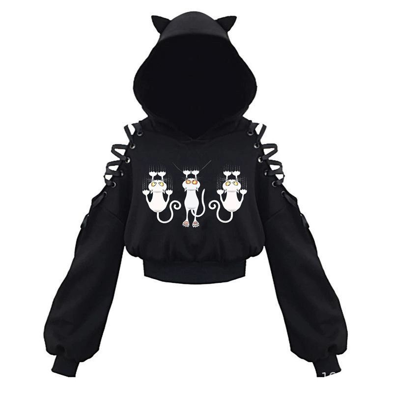 Y2k Gothic Womens Hoodie Cat Ear Crop Top Hooded Sweatshirt Hollow Out Lace Up Long Sleeve Hodded Casual Pullover Autumn