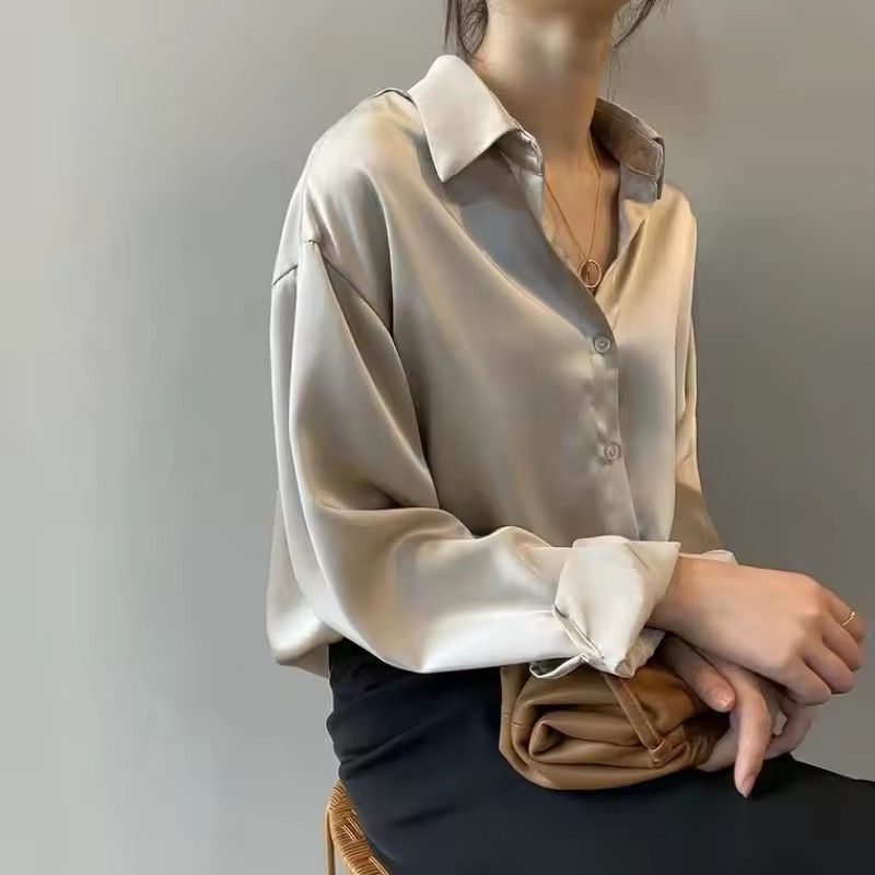 Women Silk Shirt 2025 New Vintage Fashion Solid Button Up Long Sleeves Blouse Tops Female Summer Casual Loose Office Lady Shirts