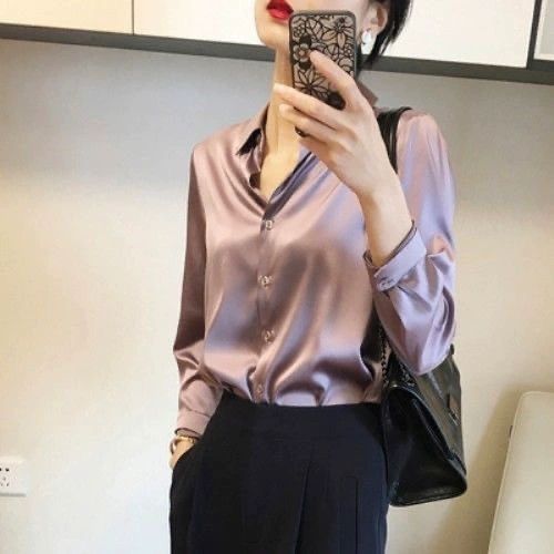 Women Silk Shirt 2025 New Vintage Fashion Solid Button Up Long Sleeves Blouse Tops Female Summer Casual Loose Office Lady Shirts