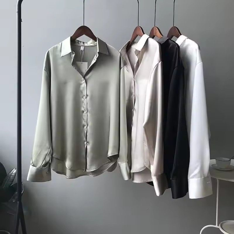 Women Silk Shirt 2025 New Vintage Fashion Solid Button Up Long Sleeves Blouse Tops Female Summer Casual Loose Office Lady Shirts
