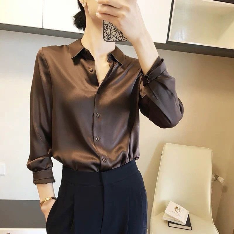 Women Silk Shirt 2025 New Vintage Fashion Solid Button Up Long Sleeves Blouse Tops Female Summer Casual Loose Office Lady Shirts