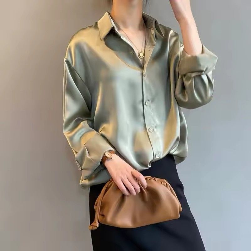Women Silk Shirt 2025 New Vintage Fashion Solid Button Up Long Sleeves Blouse Tops Female Summer Casual Loose Office Lady Shirts